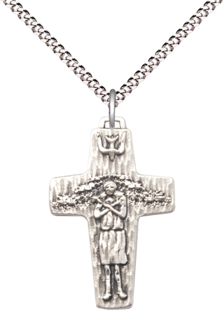 Sterling Silver Papal Crucifix Pendant on a 18 inch Light Rhodium Light Curb chain