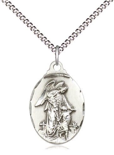 Sterling Silver Guardian Angel Pendant on a 18 inch Light Rhodium Light Curb chain