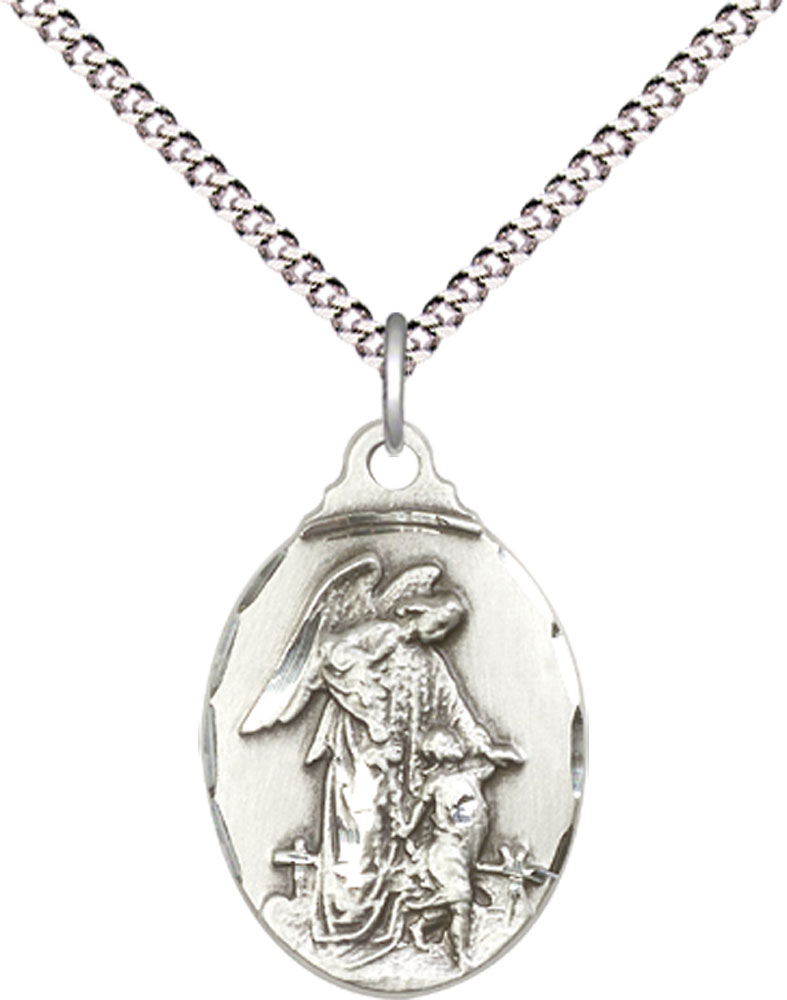 Sterling Silver Guardian Angel Pendant on a 18 inch Light Rhodium Light Curb chain