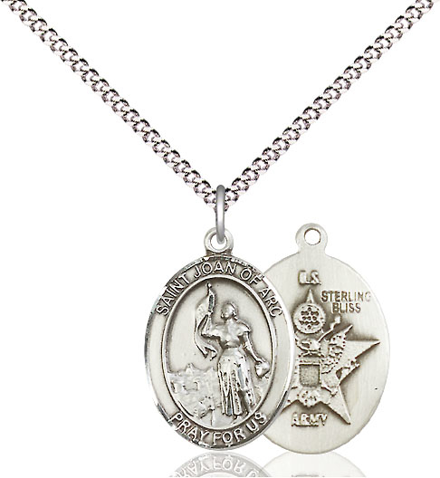 Sterling Silver Saint Joan of Arc Army Pendant on a 18 inch Light Rhodium Light Curb chain