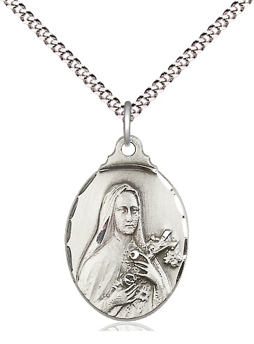 Sterling Silver Saint Theresa Pendant on a 18 inch Light Rhodium Light Curb chain