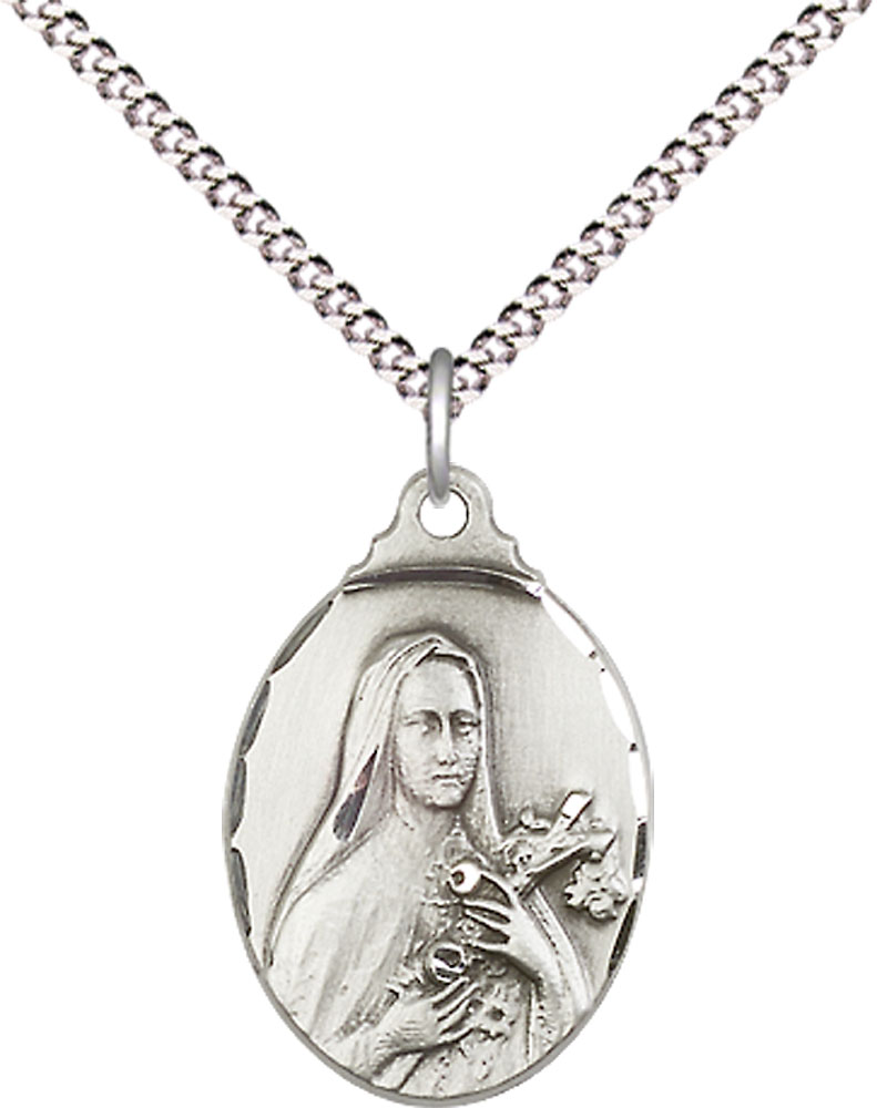 Sterling Silver Saint Theresa Pendant on a 18 inch Light Rhodium Light Curb chain