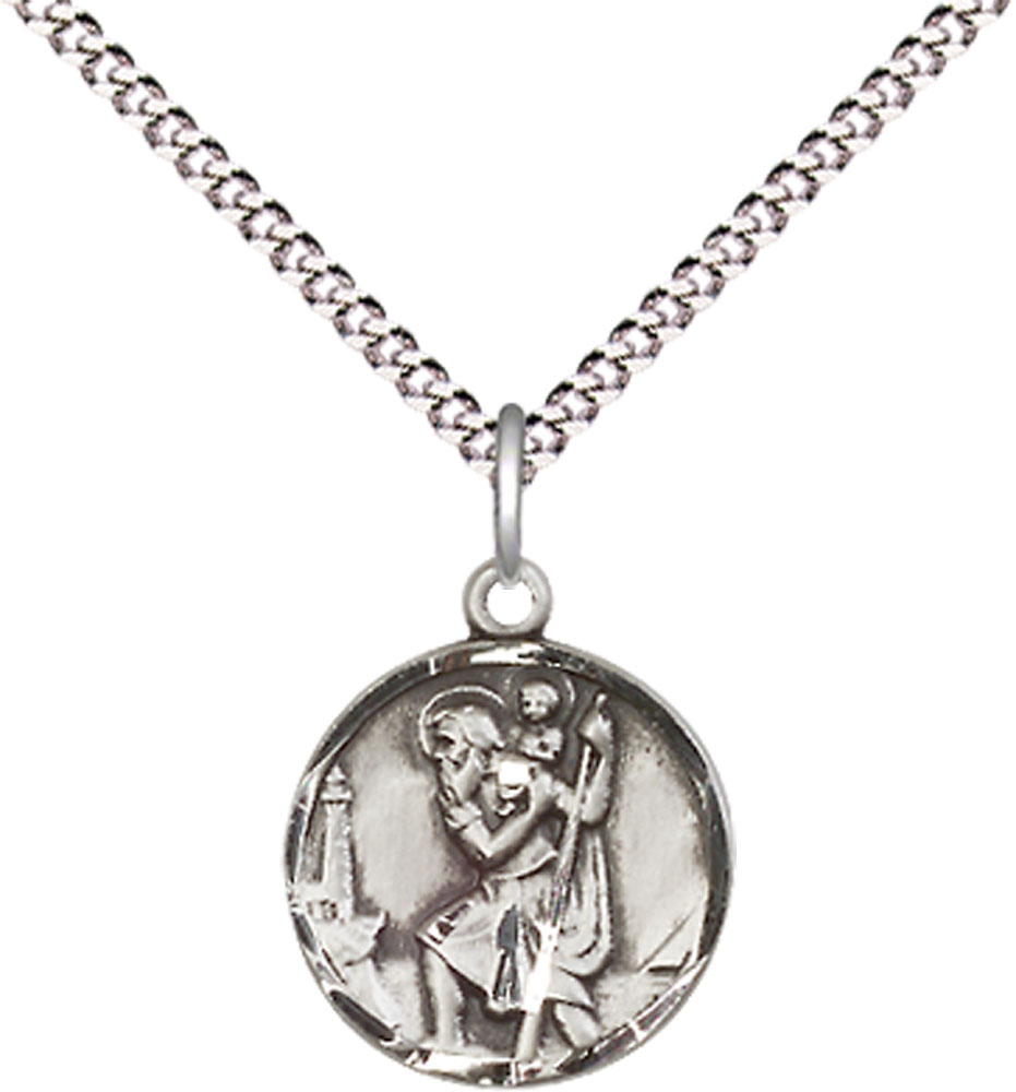 Sterling Silver Saint Christopher Pendant on a 18 inch Light Rhodium Light Curb chain