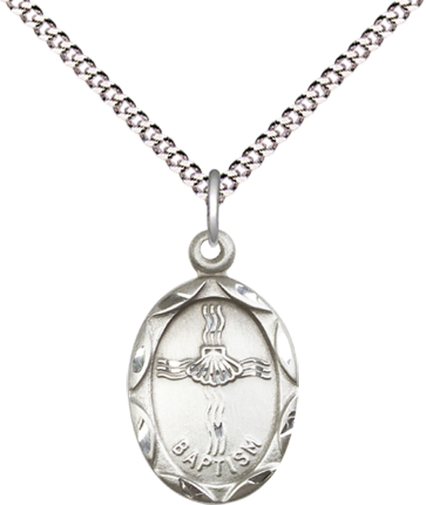 Sterling Silver Baptism Pendant on a 18 inch Light Rhodium Light Curb chain