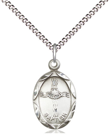 Sterling Silver Baptism Pendant on a 18 inch Light Rhodium Light Curb chain