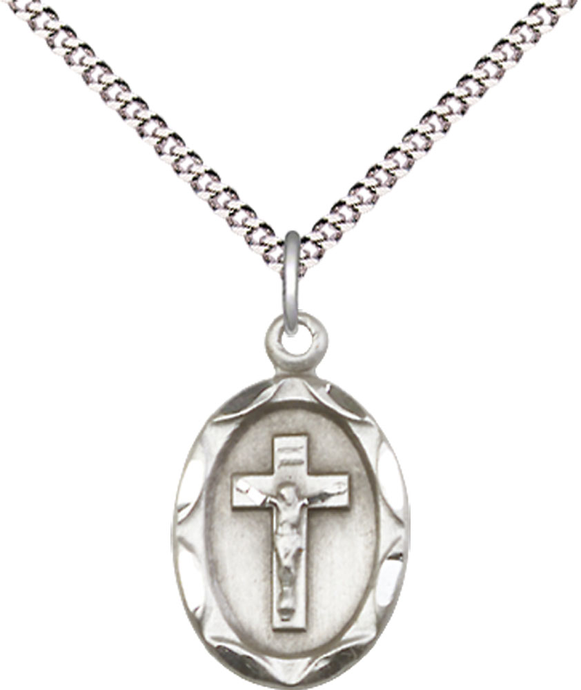 Sterling Silver Crucifix Pendant on a 18 inch Light Rhodium Light Curb chain
