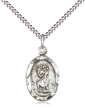 Sterling Silver Saint Christopher Pendant on a 18 inch Light Rhodium Light Curb chain