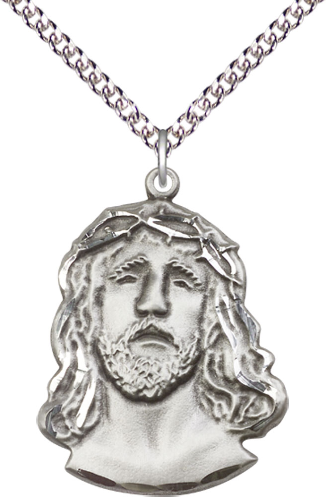 Sterling Silver Ecce Homo Pendant on a 24 inch Sterling Silver Heavy Curb chain
