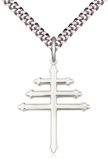 Sterling Silver Maronite Cross Pendant on a 24 inch Light Rhodium Heavy Curb chain