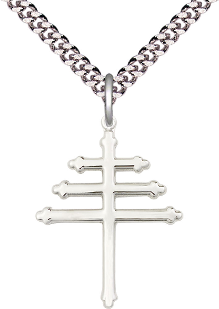 Sterling Silver Maronite Cross Pendant on a 24 inch Light Rhodium Heavy Curb chain