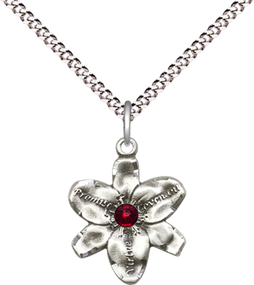 Sterling Silver Chastity Pendant with a 3mm Garnet Swarovski stone on a 18 inch Light Rhodium Light Curb chain