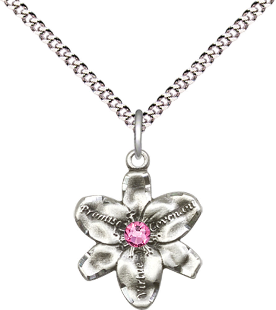 Sterling Silver Chastity Pendant with a 3mm Rose Swarovski stone on a 18 inch Light Rhodium Light Curb chain