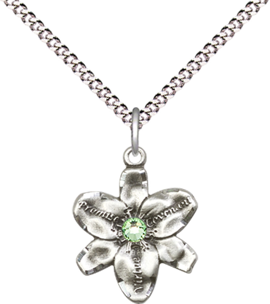 Sterling Silver Chastity Pendant with a 3mm Peridot Swarovski stone on a 18 inch Light Rhodium Light Curb chain
