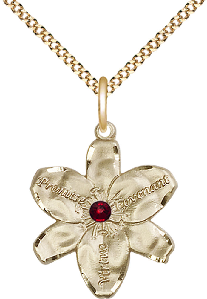 14kt Gold Filled Chastity Pendant with a 3mm Garnet Swarovski stone on a 18 inch Gold Plate Light Curb chain
