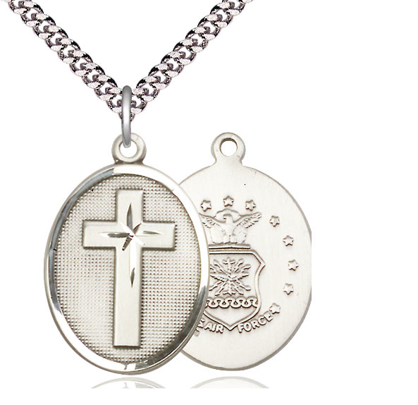 Sterling Silver Cross Air Force Pendant on a 24 inch Light Rhodium Heavy Curb chain