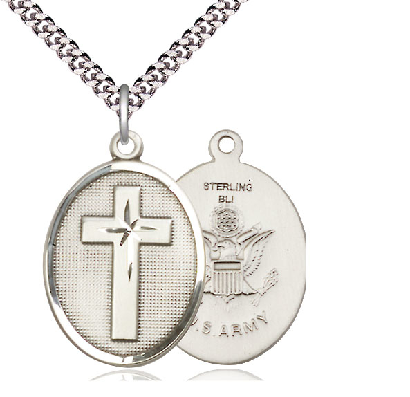 Sterling Silver Cross Army Pendant on a 24 inch Light Rhodium Heavy Curb chain