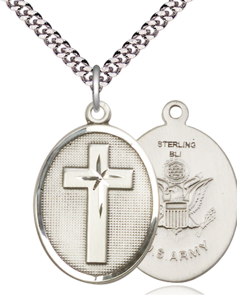 Sterling Silver Cross Army Pendant on a 24 inch Light Rhodium Heavy Curb chain