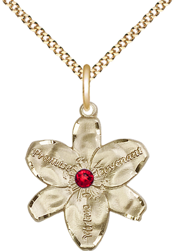 14kt Gold Filled Chastity Pendant with a 3mm Ruby Swarovski stone on a 18 inch Gold Plate Light Curb chain