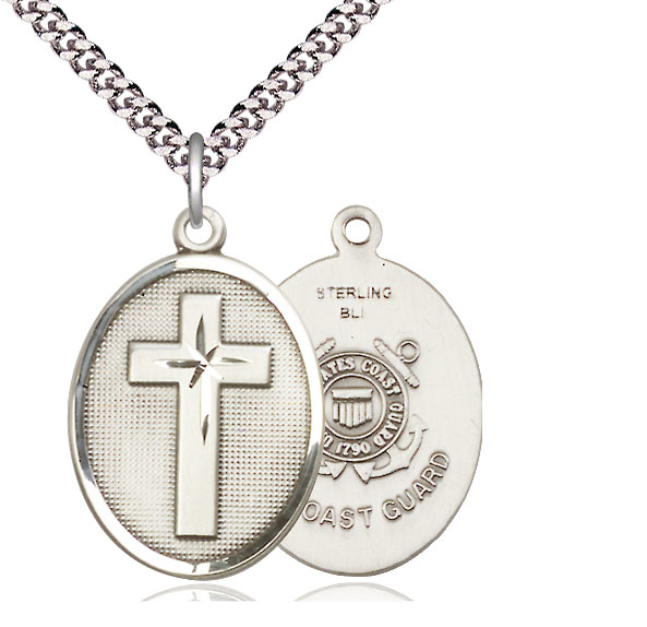 Sterling Silver Cross Coast Guard Pendant on a 24 inch Light Rhodium Heavy Curb chain