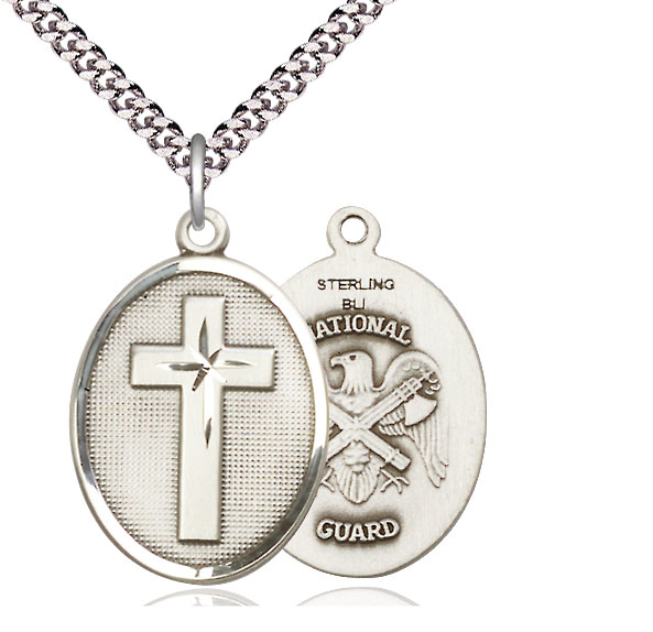 Sterling Silver Cross National Guard Pendant on a 24 inch Light Rhodium Heavy Curb chain
