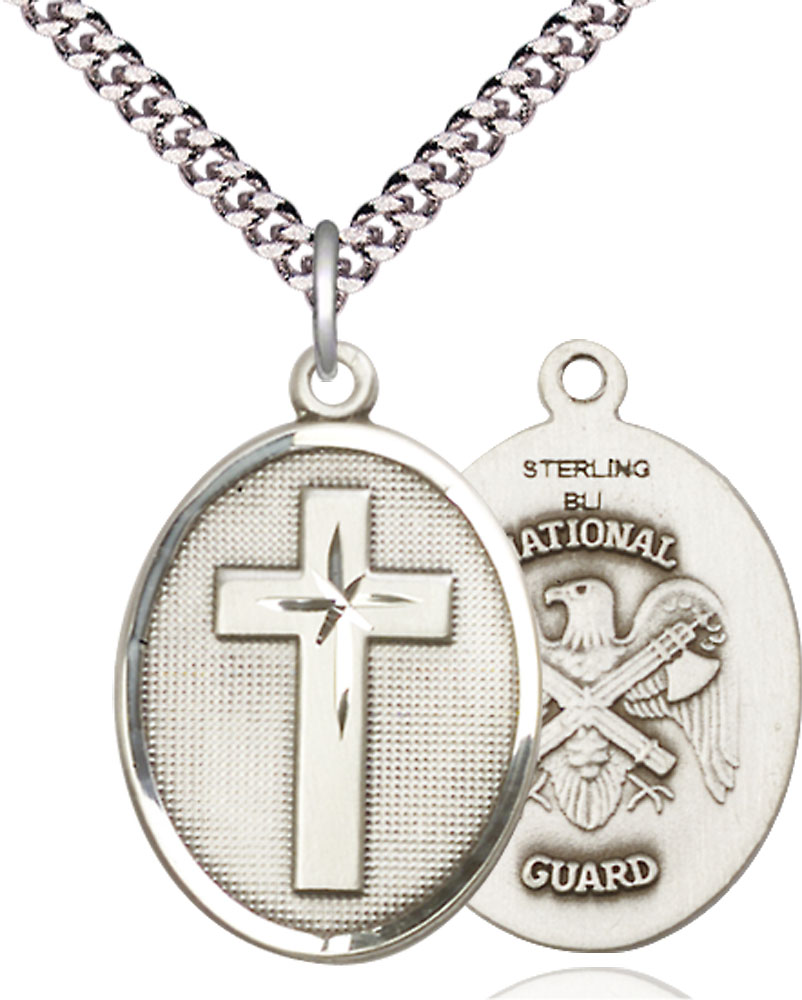 Sterling Silver Cross National Guard Pendant on a 24 inch Light Rhodium Heavy Curb chain