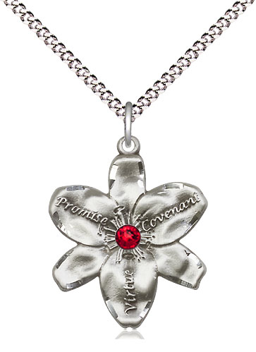 Sterling Silver Chastity Pendant with a 3mm Ruby Swarovski stone on a 18 inch Light Rhodium Light Curb chain