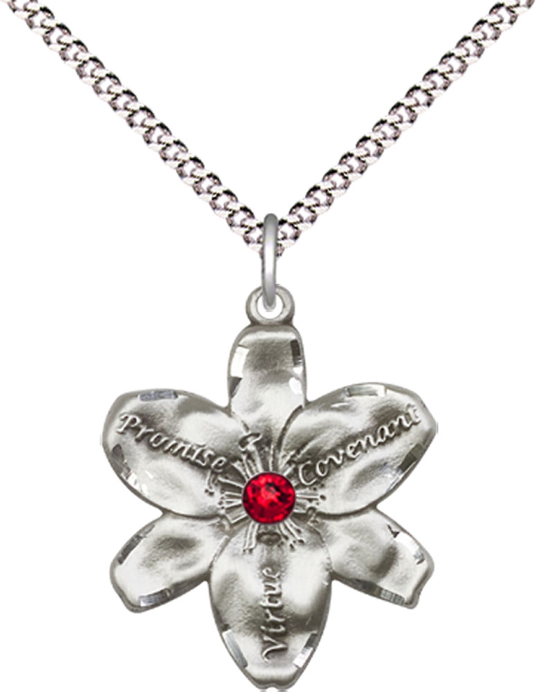 Sterling Silver Chastity Pendant with a 3mm Ruby Swarovski stone on a 18 inch Light Rhodium Light Curb chain