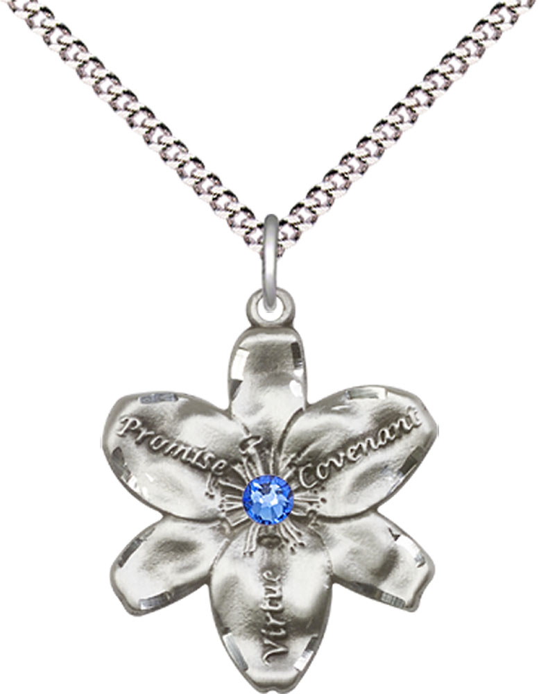 Sterling Silver Chastity Pendant with a 3mm Sapphire Swarovski stone on a 18 inch Light Rhodium Light Curb chain
