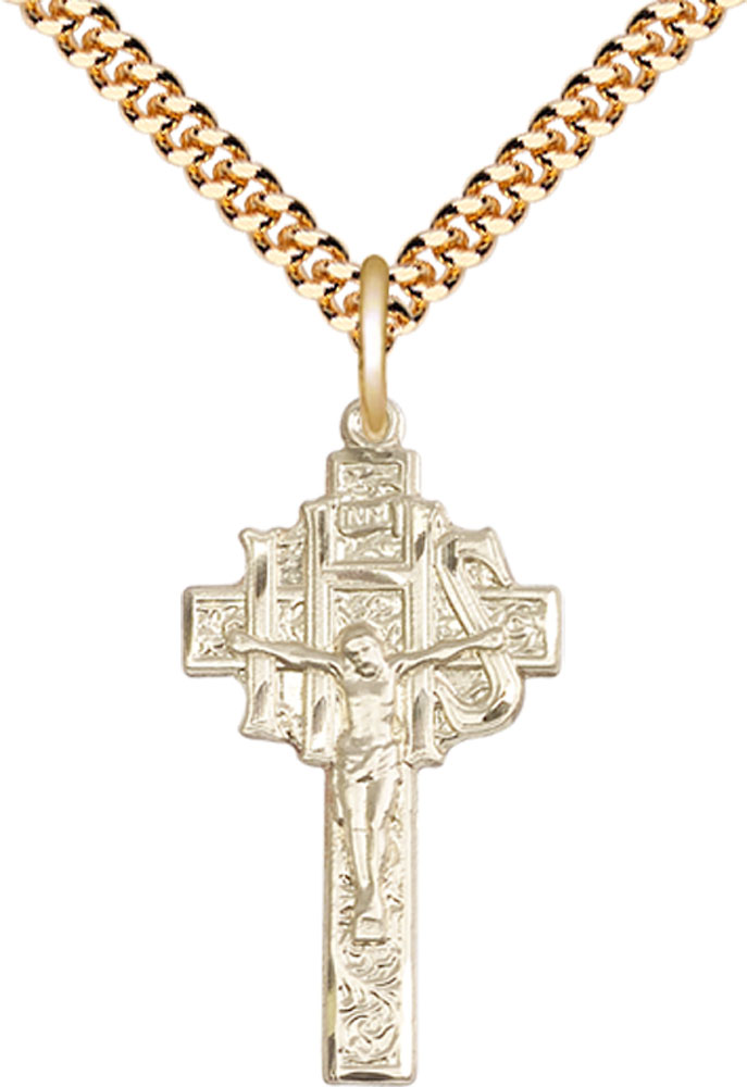14kt Gold Filled Crucifix-IHS Pendant on a 24 inch Gold Plate Heavy Curb chain