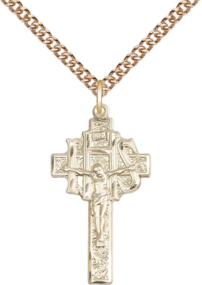 14kt Gold Filled Crucifix-IHS Pendant on a 24 inch Gold Filled Heavy Curb chain