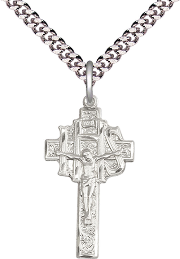 Sterling Silver Crucifix-IHS Pendant on a 24 inch Light Rhodium Heavy Curb chain