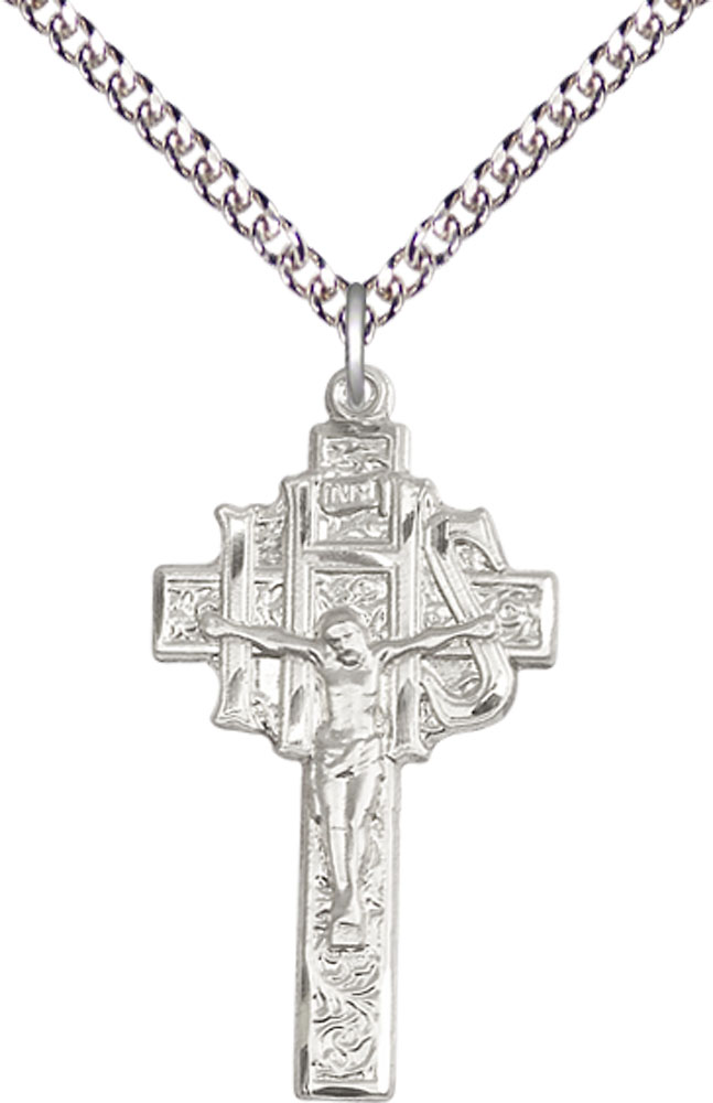 Sterling Silver Crucifix-IHS Pendant on a 24 inch Sterling Silver Heavy Curb chain