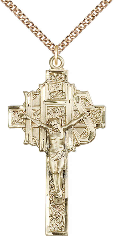 14kt Gold Filled Crucifix Pendant on a 24 inch Gold Filled Heavy Curb chain