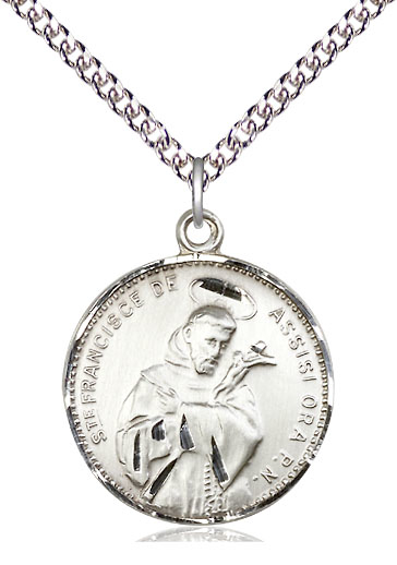 Sterling Silver Saint Francis of Assisi Pendant on a 24 inch Sterling Silver Heavy Curb chain