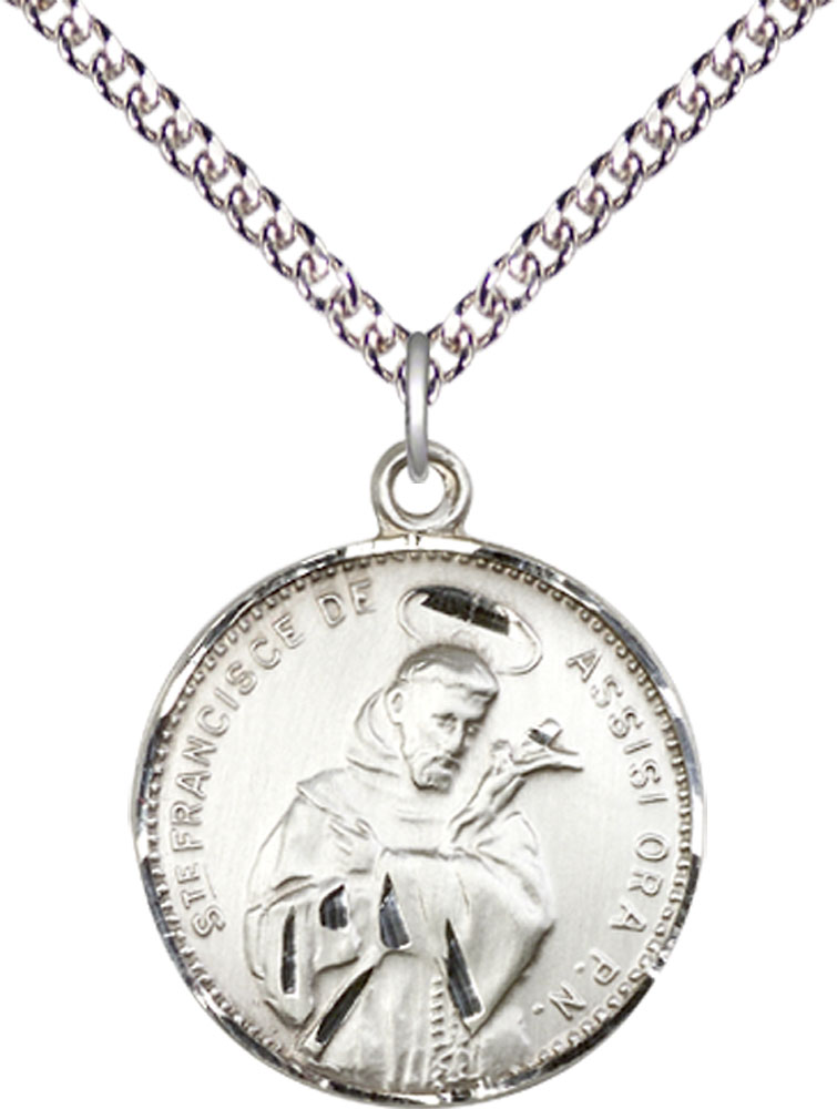 Sterling Silver Saint Francis of Assisi Pendant on a 24 inch Sterling Silver Heavy Curb chain