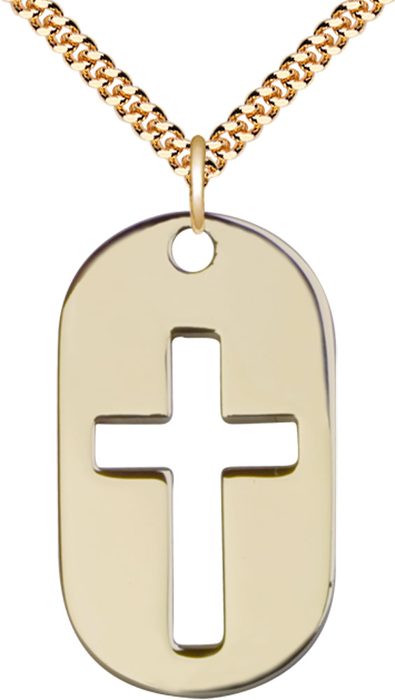 14kt Gold Filled Cross Dog Tag Pendant on a 24 inch Gold Plate Heavy Curb chain