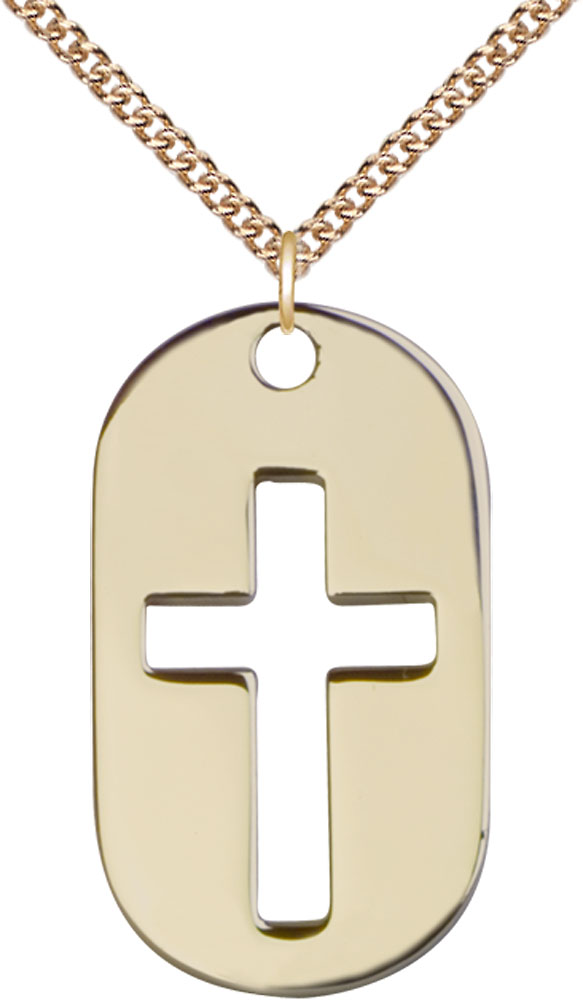 14kt Gold Filled Cross Dog Tag Pendant on a 24 inch Gold Filled Heavy Curb chain