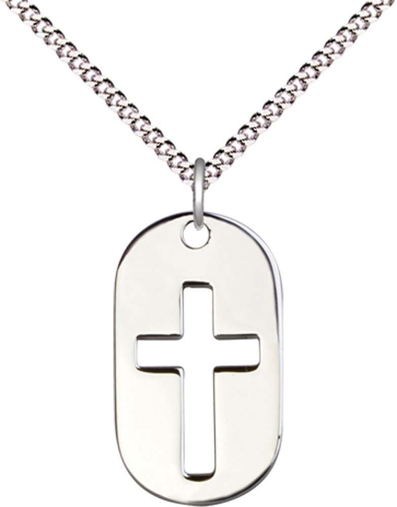 Sterling Silver Cross Dog Tag Pendant on a 18 inch Light Rhodium Light Curb chain