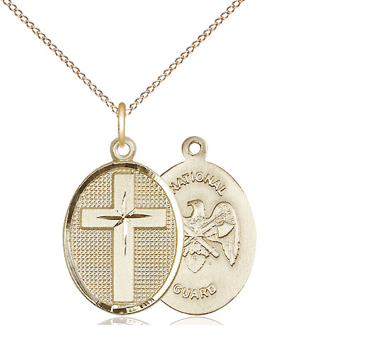 14kt Gold Filled Cross National Guard Pendant on a 18 inch Gold Filled Light Curb chain