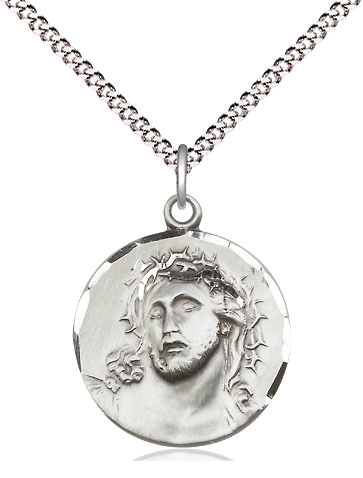 Sterling Silver Ecce Homo Pendant on a 18 inch Light Rhodium Light Curb chain