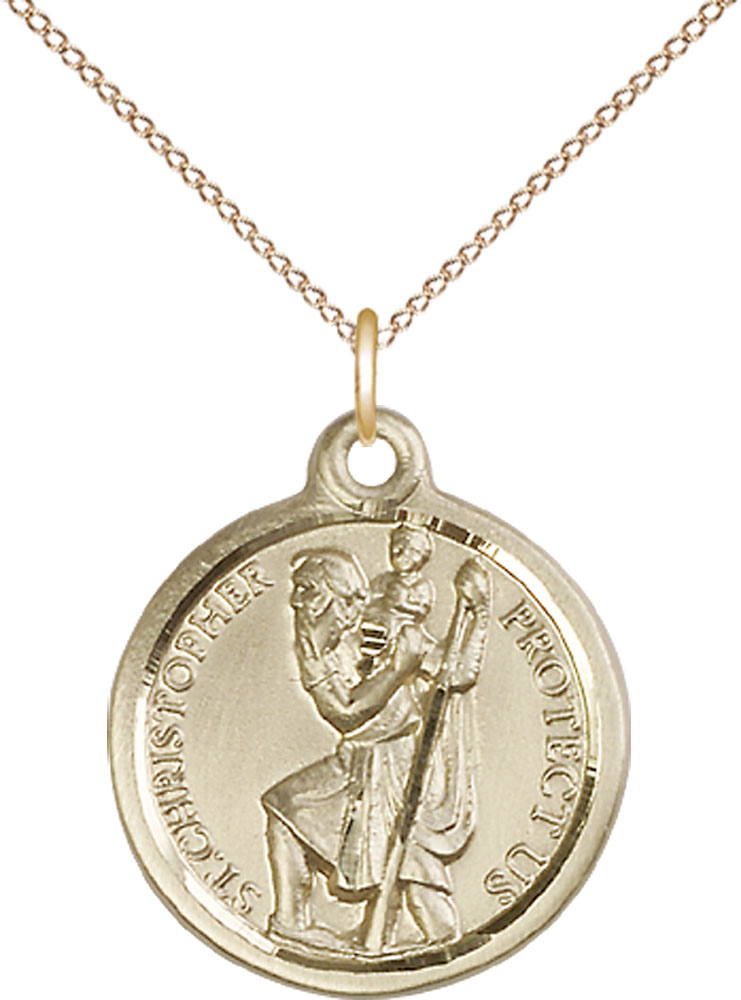 14kt Gold Filled Saint Christopher Pendant on a 18 inch Gold Filled Light Curb chain