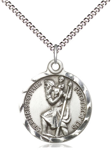 Sterling Silver Saint Christopher Pendant on a 18 inch Light Rhodium Light Curb chain