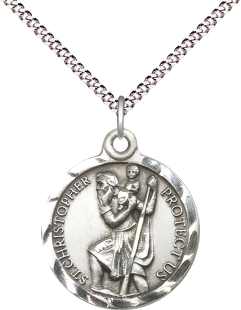 Sterling Silver Saint Christopher Pendant on a 18 inch Light Rhodium Light Curb chain