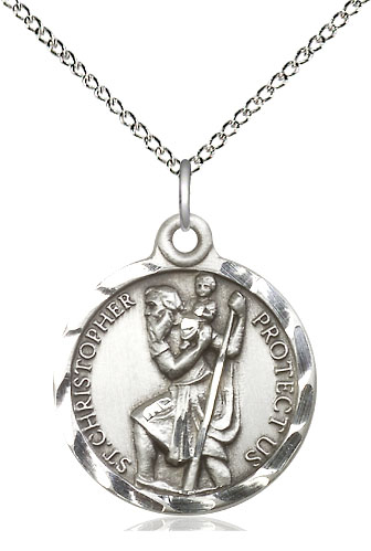 Sterling Silver Saint Christopher Pendant on a 18 inch Sterling Silver Light Curb chain