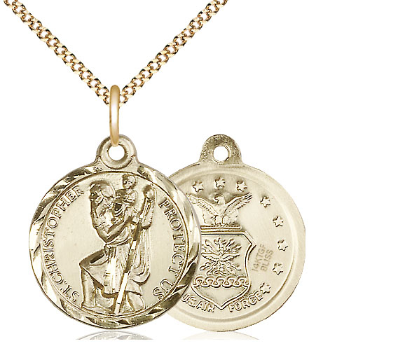 14kt Gold Filled Saint Christopher Air Force Pendant on a 18 inch Gold Plate Light Curb chain
