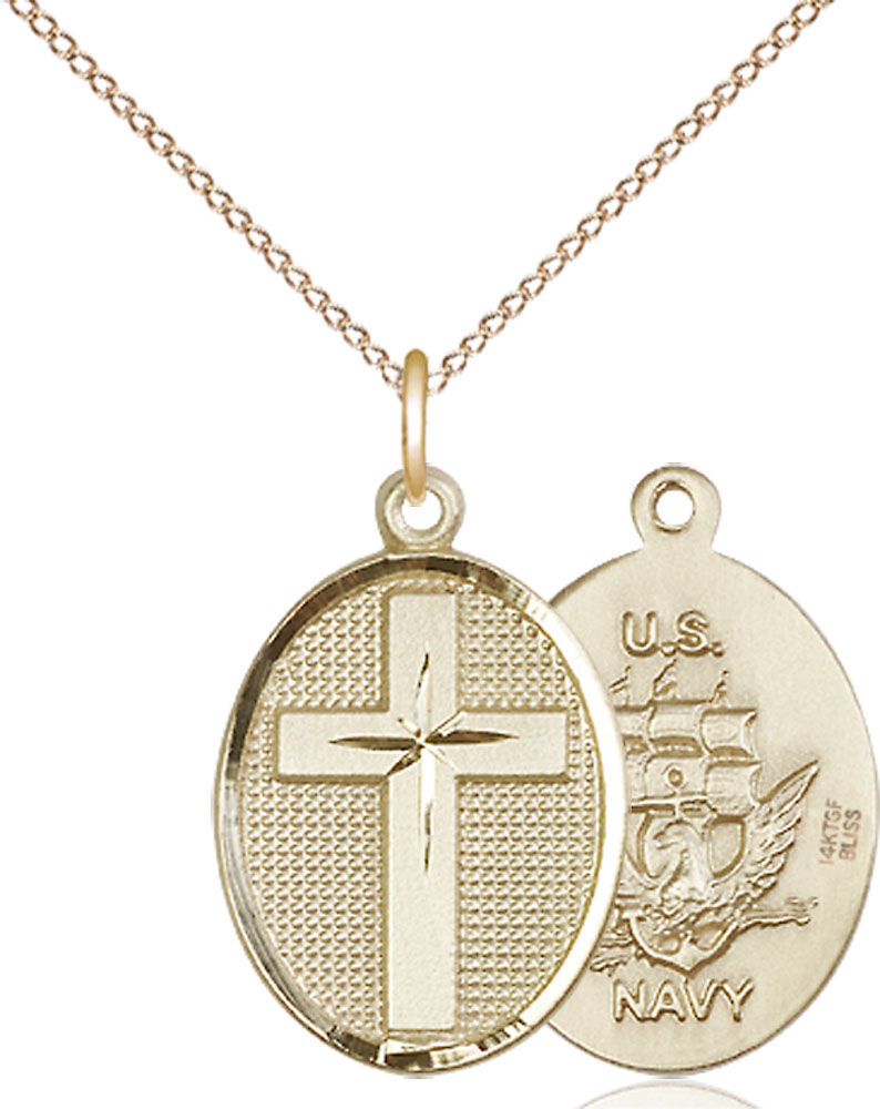 14kt Gold Filled Cross Navy Pendant on a 18 inch Gold Filled Light Curb chain