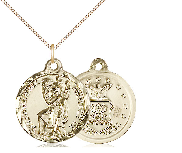 14kt Gold Filled Saint Christopher Air Force Pendant on a 18 inch Gold Filled Light Curb chain