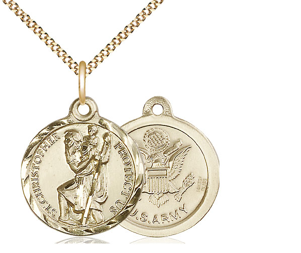 14kt Gold Filled Saint Christopher Army Pendant on a 18 inch Gold Plate Light Curb chain