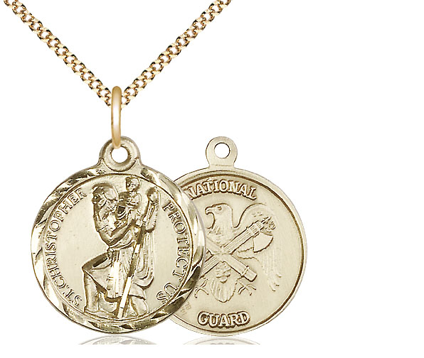 14kt Gold Filled Saint Christopher National Guard Pendant on a 18 inch Gold Plate Light Curb chain