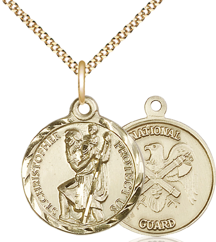14kt Gold Filled Saint Christopher National Guard Pendant on a 18 inch Gold Plate Light Curb chain
